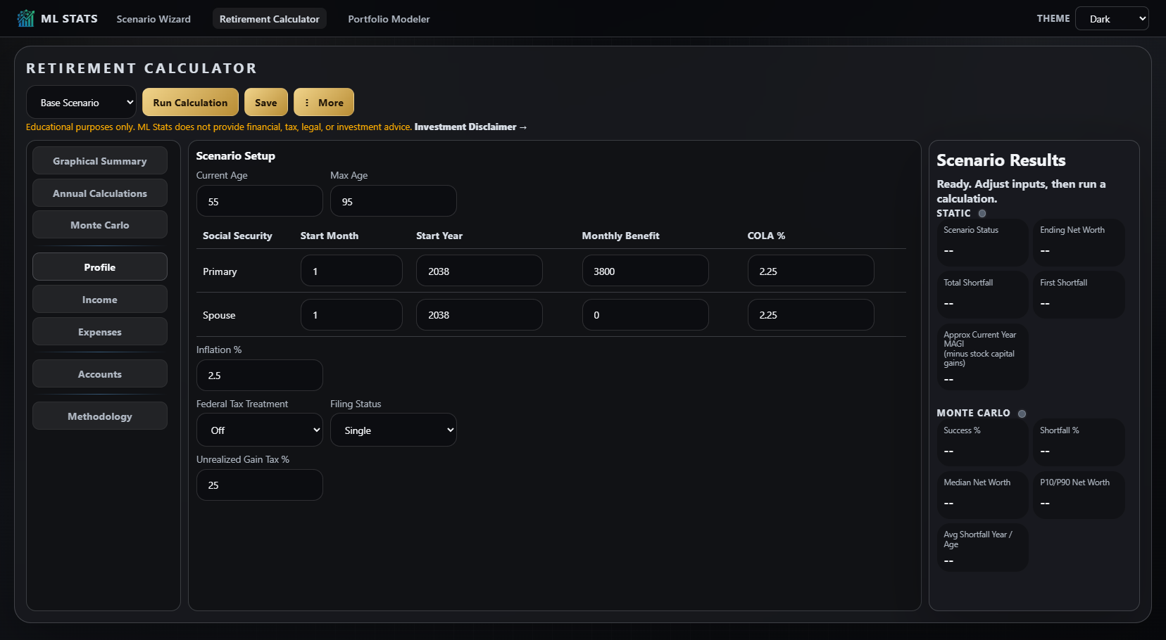 Retirement Calculator dark theme