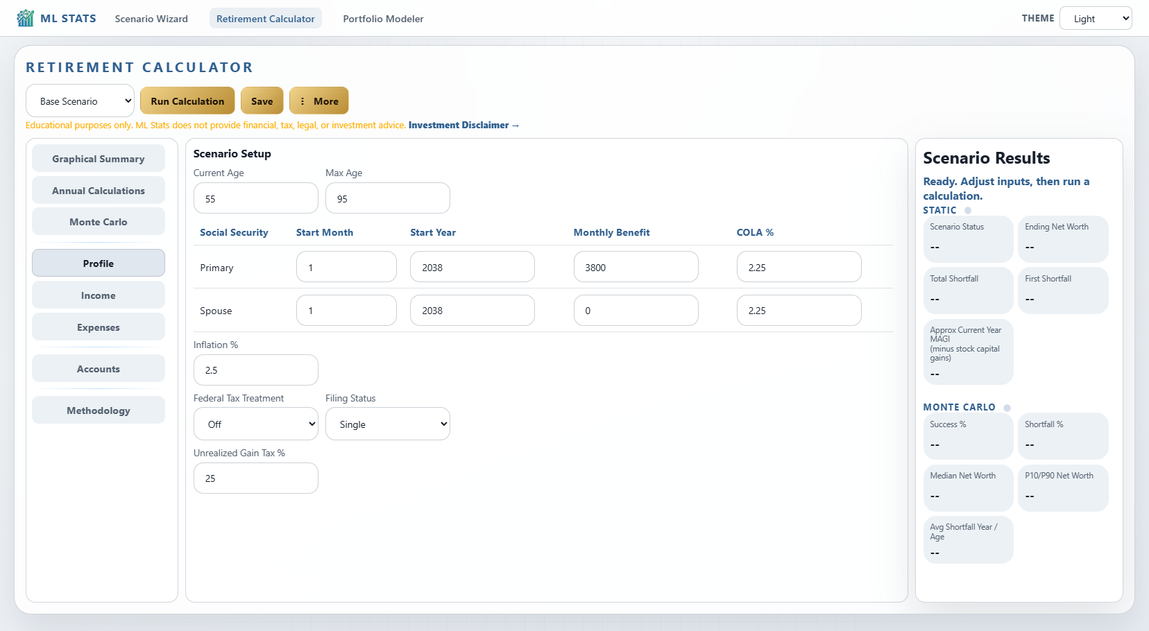 Retirement Calculator mobile and light theme